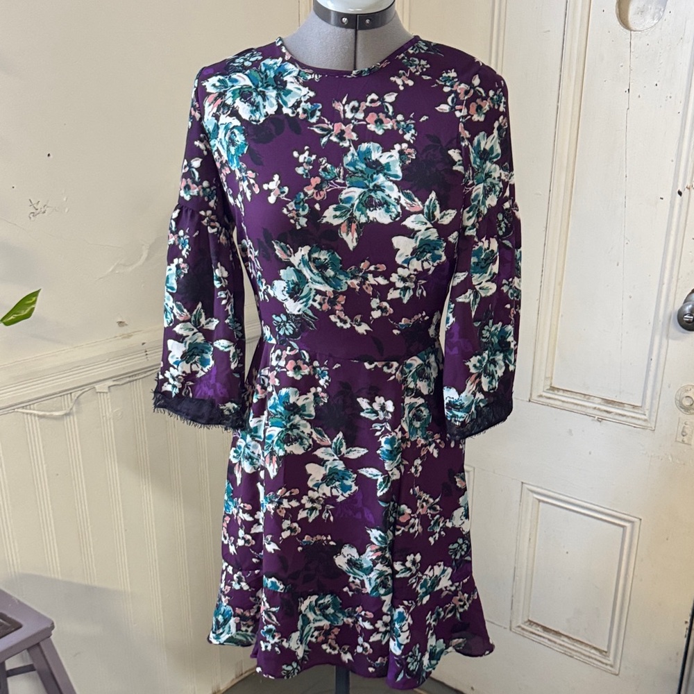 Purple Floral Georgette 3/4 Bell Sleeves Flounce Hem A-Line Dress M - Aqua